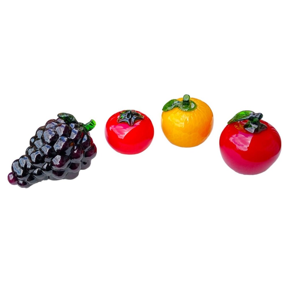 VTG Set 4 Blown Art Glass Life Size Decorative Fruits Apple Grapes Orange Tomato